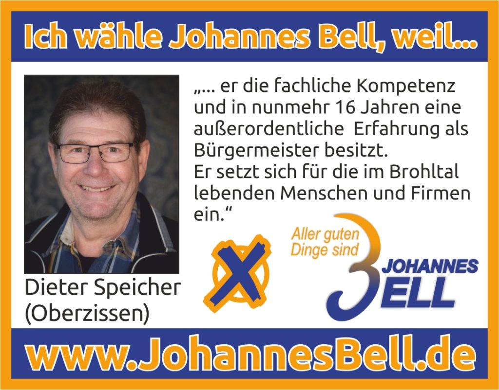 Dieter Speicher aus Oberzissen wählt Johannes Bell, weil er die fachliche Kompetenz und in nunmehr 16 Jahren eine außerordentliche Erfahrung als Bürgermeister besitzt. Er setzt sich für die im Brohltal lebenden Menschen und Firmen ein.